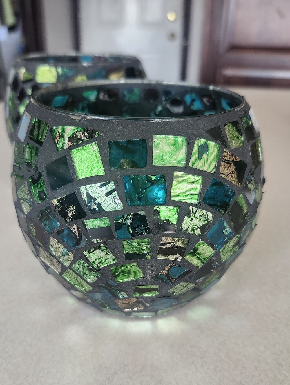 Pier 1 Imports Glass Candle Holders, Mirror Mosaic, Blue & Green, 4"